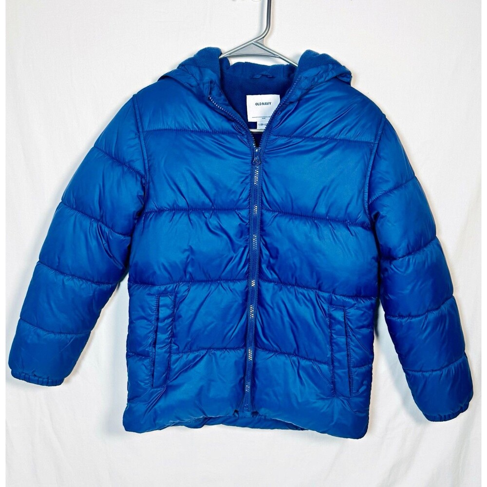 Old Navy Blue Hooded Puffer Jacket Full Zip Pockets Insulated L (10-12)